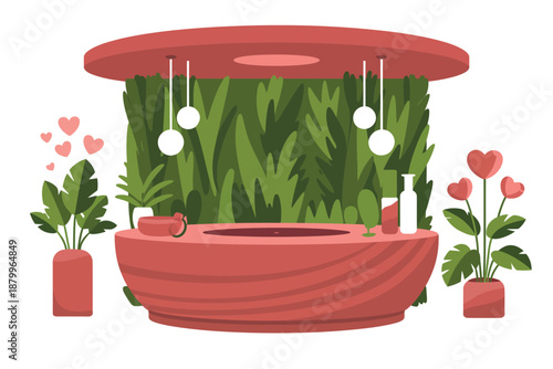 A serene spa reception area decorated with lush plants and heart-shaped accents.