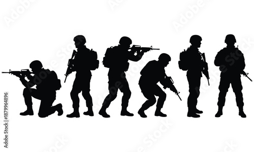 Soldier silhouettes with rifles icon set – military unit in standing, crouching and kneeling shooting poses
