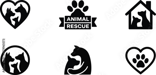 Set of black silhouette icons representing animal rescue, pet adoption, and love for domestic animals