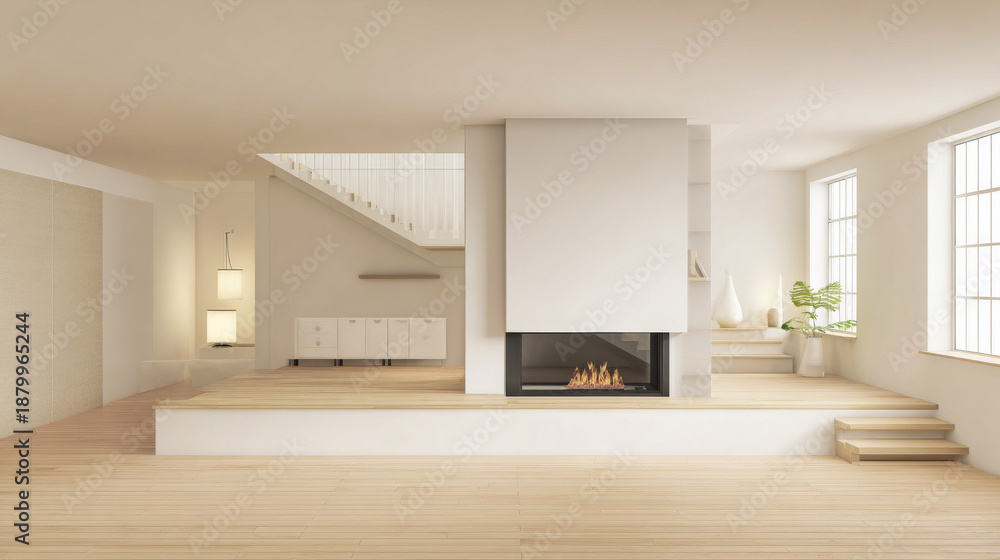 Fototapeta premium A modern interior design with a staircase and fireplace in the living room
