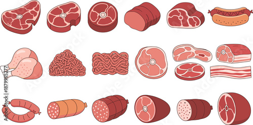 Collection of Raw Meat and Deli Icons Featuring Beef Steaks Chicken Drumsticks Sausages Salami Bacon and Ground Meat in Detailed Flat Vector Illustration.