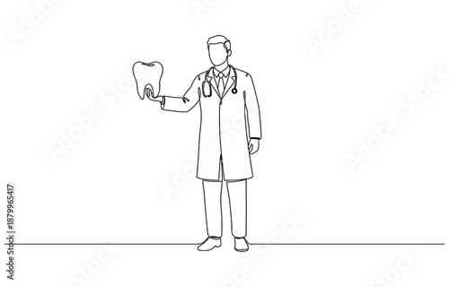 Dentists day simple vector illustration with doctor and patient. One continuous line art drawing transparent background