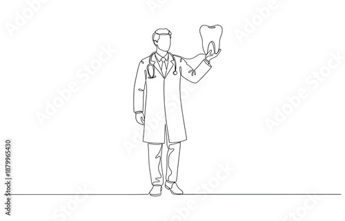 Dentists day simple vector illustration with doctor and patient. One continuous line art drawing transparent background