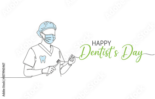 Dentists day simple vector illustration with doctor and patient. One continuous line art drawing transparent background