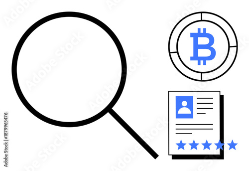 Magnifying glass, Bitcoin symbol, and user profile with star ratings highlight cryptocurrency research, blockchain identity verification, user reputation assessment. Ideal for fintech, security