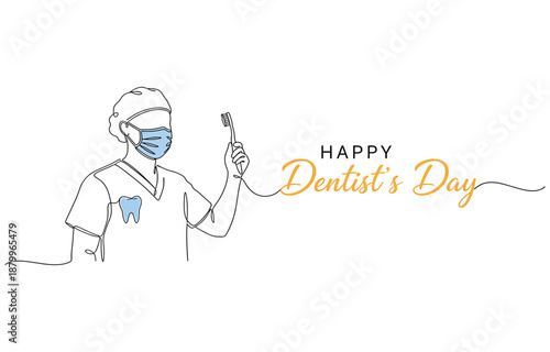 Dentists day simple vector illustration with doctor and patient. One continuous line art drawing transparent background