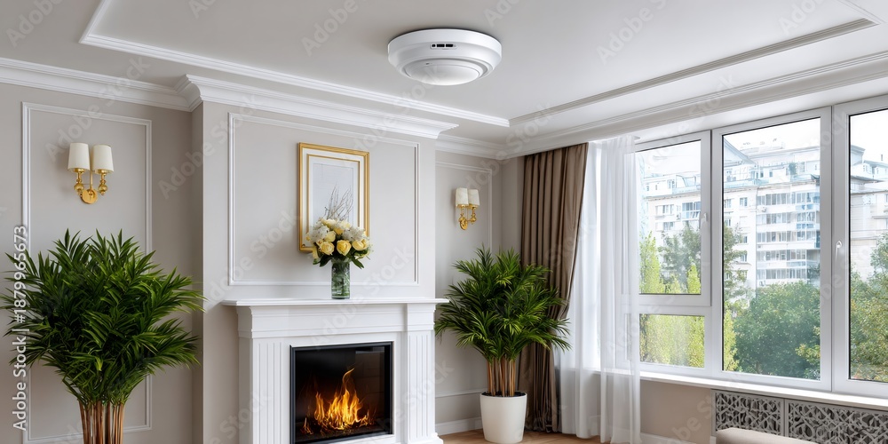 Fototapeta premium Smoke detector monitoring modern living room fireplace safety