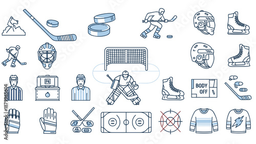 A set of blue line art hockey icons on transparent background