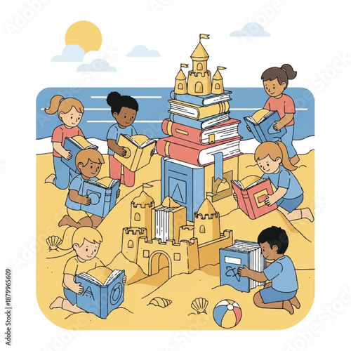 Children building sandcastles and sculptures on the beach during a sunny day