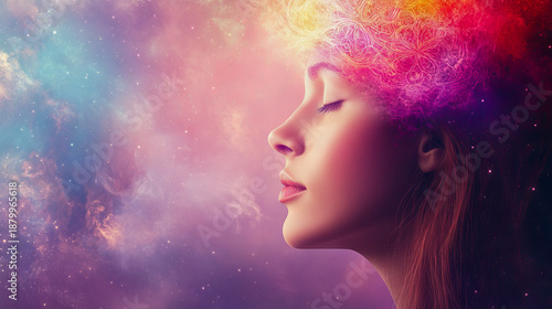 A meditation and spirituality scene, featuring a colorful stylized head of a young woman