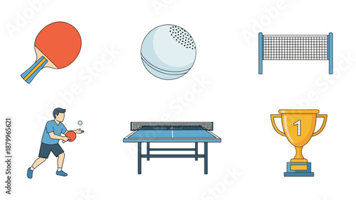 A colorful vector graphic illustration of table tennis equipment and a trophy on transparent background
