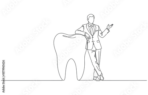 Dentists day simple vector illustration with doctor and patient. One continuous line art drawing transparent background