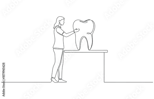 Dentists day simple vector illustration with doctor and patient. One continuous line art drawing transparent background