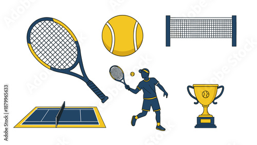 A colorful vector graphic illustration of tennis equipment and a player on transparent background