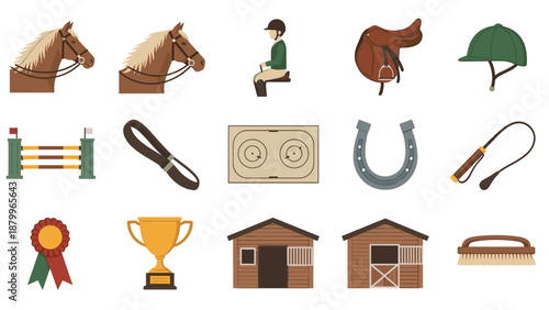 A set of equestrian icons and illustrations on transparent background