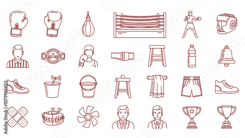 A set of boxing icons and equipment illustrations on transparent background