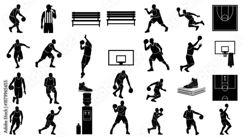 A set of black silhouette basketball icons on transparent background