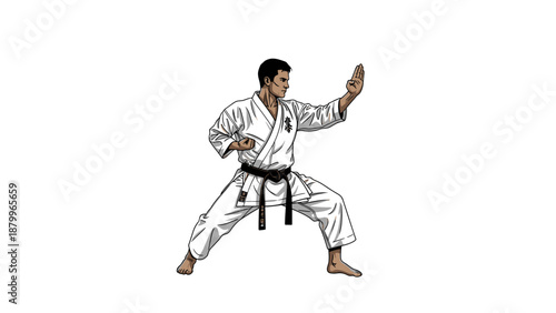 A man in a karate uniform and black belt is performing a martial arts stance on transparent background
