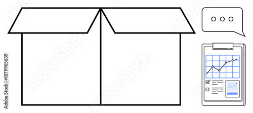 Business planning, logistics, shipping, communication, analytics, research. Open cardboard box next to a clipboard with a graph and a speech bubble. Business planning and logistics concept