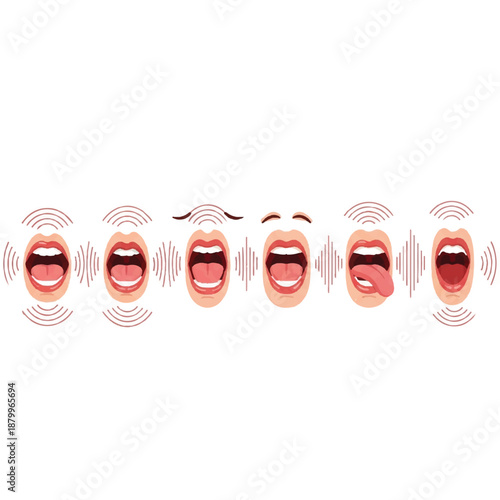Sequence of mouths forming different speech sounds, sound waves emanating from lips, audio visualization, isolated on transparent background, side view