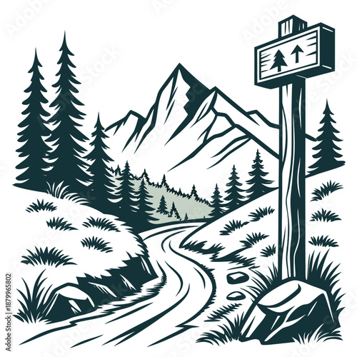 Mountain Trail Sign Vector - Navigation and Adventure Choice
