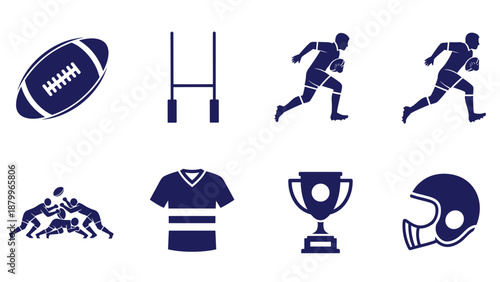 A set of blue vector icons depicting American football symbols on transparent background