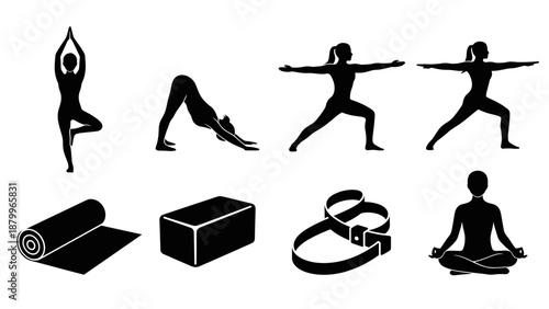 A set of yoga icons including people in various poses and equipment on transparent background