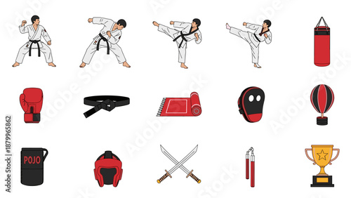 A set of martial arts icons and equipment on transparent background