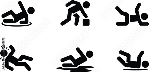 Set of six black pictogram icons depicting various slips, trips, and falling hazard situations
