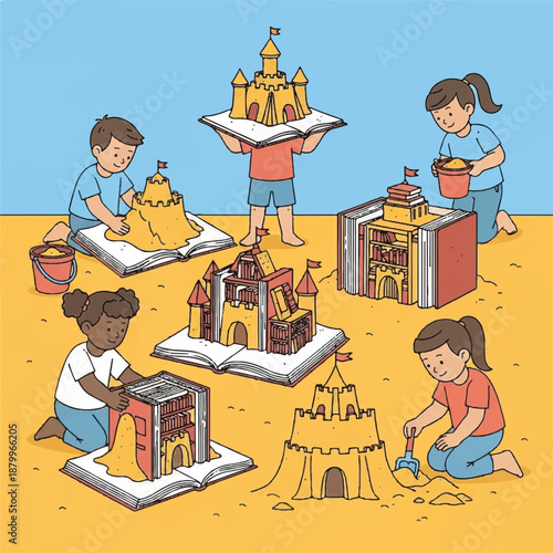 Children building sandcastles on the beach with various structures and sculptures