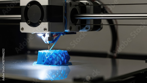 Closeup of a 3D printer creating a blue object.