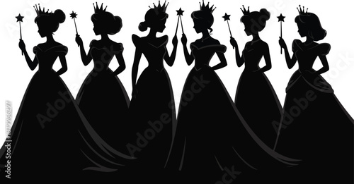 Seven beautiful princess silhouettes wearing crowns and holding star magic wands in a line