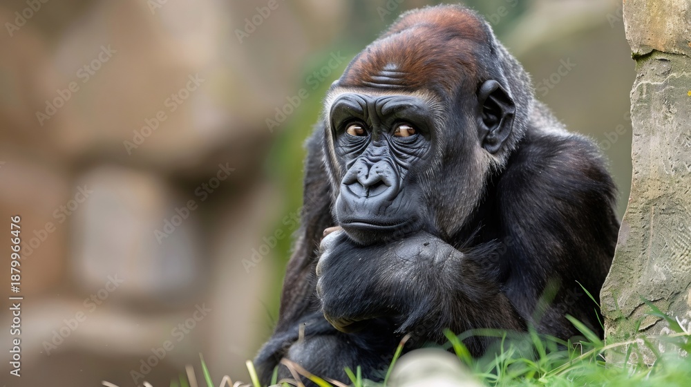 Obraz premium Western lowland gorilla sitting and contemplating nature