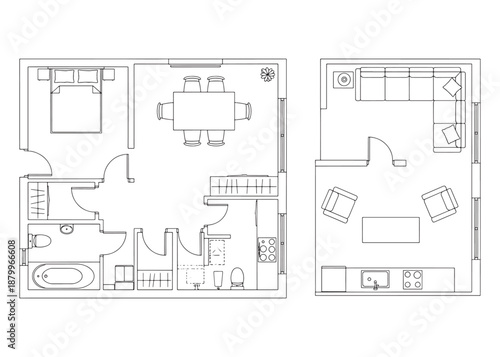 2D Floor Plan Black and White | House, Apartment, Villa Layout with Furniture Vector Illustration