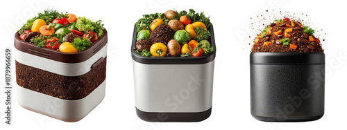 Assorted Compost Bins with Organic Waste on Transparent Background