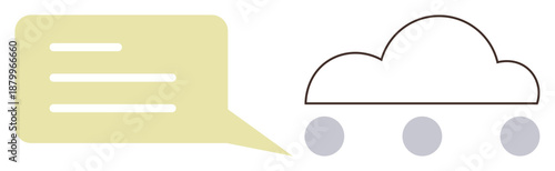 Cloud computing, digital communication, data sharing, technology innovation, online storage, networking. A yellow speech bubble and a cloud shape with dots underneath. Cloud computing and digital