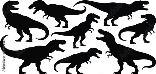 Several imposing black Tyrannosaurus Rex dinosaurs depicted in silhouette form on a plain white backdrop