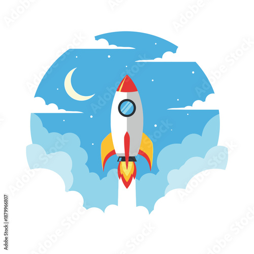 Red and White Rocket Ship Launching.