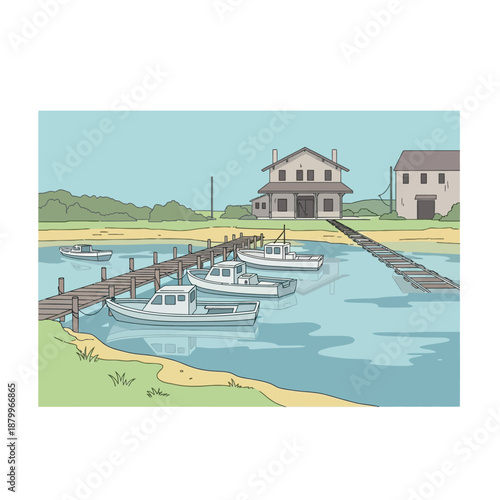 Boats Docked at Small Coastal Harbour.