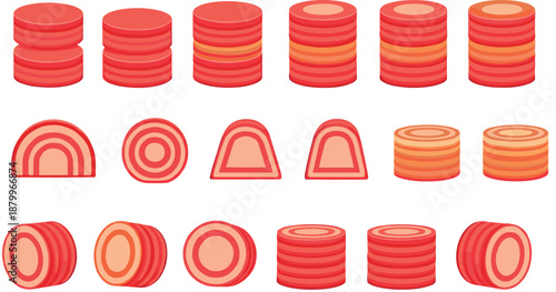 Detailed Beetroot Slice Icon Set Featuring Circular Rounds Half Moons and Stacked Beet Pieces in Vibrant Red and Pink Flat Vector Illustration.