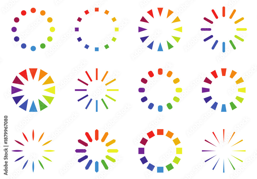 Obraz premium Loading icon collection. Vector. Circle of color palette icon that are arranged around each other in a circle on white background. Indicator for loading progress