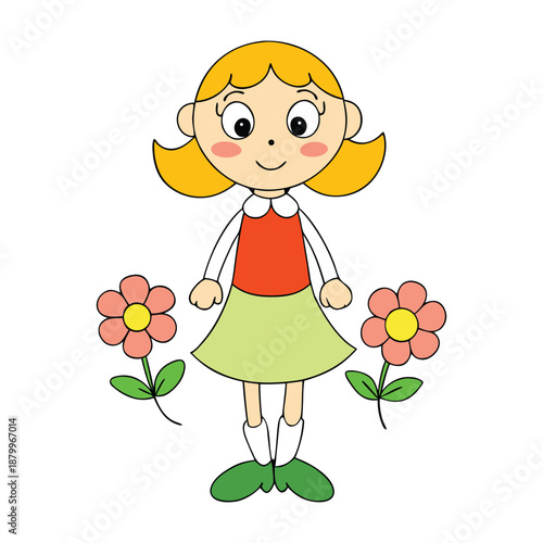 A cheerful spring girl smiles among blooming flowers, bathed in warm sunlight, her flowing dress and drifting petals celebrating nature’s fresh, colorful rebirth.
