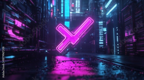 Cyberpunk Cityscape: Neon Checkmark Glows in Futuristic Urban Alleyway