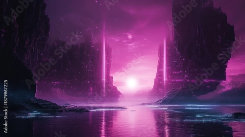 Cyberpunk Shoreline: Neon Cityscape Reflected in Pink Waterscape