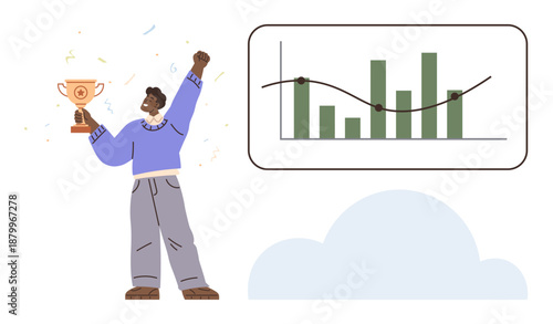 Business success, analytics, achievement, data growth, financial progress, motivation. Person celebrating with a trophy near a bar chart with a growth curve. Achievement and data growth symbol