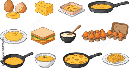 Comprehensive Egg Cooking and Breakfast Icon Set Featuring Raw Eggs Scrambled Omelets Sandwiches Cheese Frying Pans and Egg Cartons in Flat Illustration.