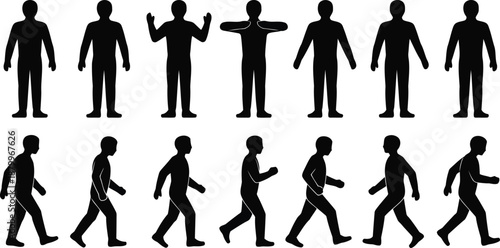 Silhouettes of diverse people demonstrating various standing poses and walking gaits on a white background