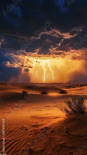 Dramatic Desert Storm: Lightning Strikes Over Sand Dunes, Intense Sky.