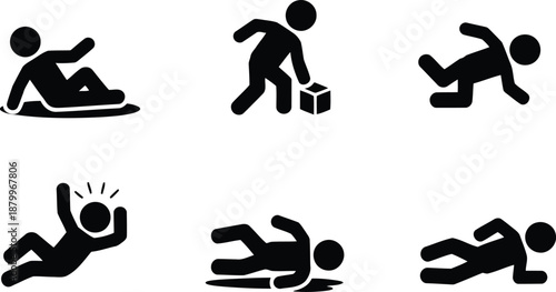 Simple black pictograms illustrate various falling hazards and accidental slips on wet surfaces or obstacles