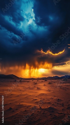 Dramatic Desert Sunset Storm with Fiery Rain and Dark Blue Sky